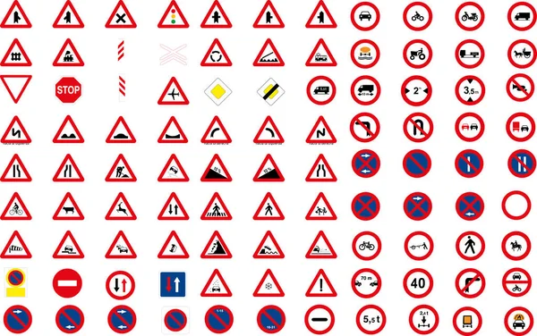 Set Aus Dreieckigen Und Runden Verkehrsschildern Warn Verbots Und Gefahrensymbolen — Stockvektor
