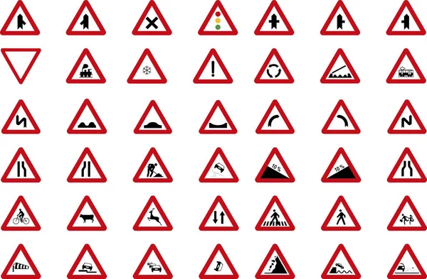 Set Triangular Traffic Warning Prohibition Danger Signs Icons — Stock Vector