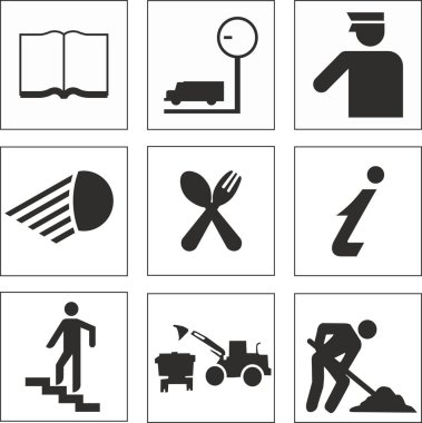 Çeşitli yol işaretleri için altı işaret / sembol seti. Kare içinde siyah beyaz simgeler