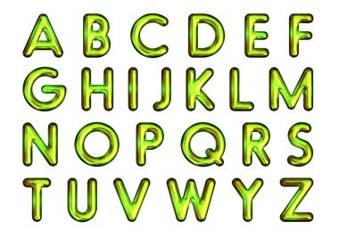 Altın alfabe ve altın büyük harf. ABCDEFG... metalik altını taklit etmek için altın ve yeşil renkler