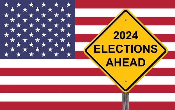 2024 Elections Ahead Sign American Flag Background Stock Photo