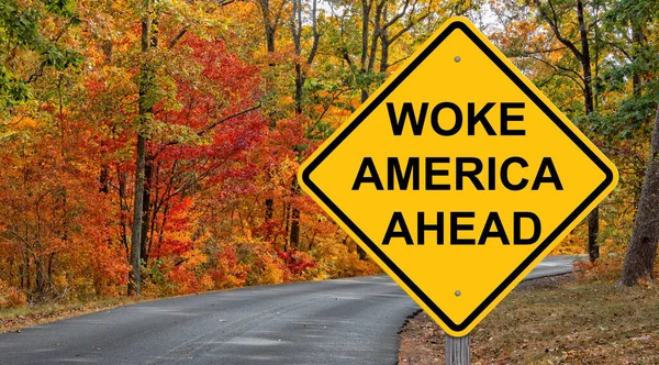 Woke America Ahead Caution Sign Autumn Background — Stock Photo, Image