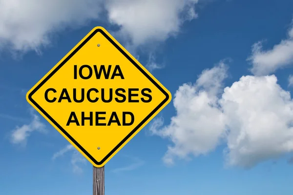 Iowa Caucuses Ahead Caution Sign Blue Sky Background