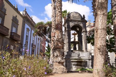 Vegueta, Las Palmas de Gran Canaria, İspanya 'daki Plaza del Espiritu Santo' da ortaçağ mimarisi ve palmiye ağaçları bulunan açık hava çeşmesi.