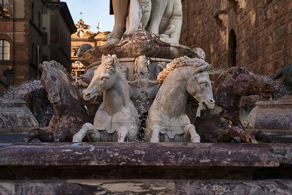 Detail Von Pferden Neptunbrunnen Florenz Italien Der Abenddämmerung Der Brunnen — Stockfoto