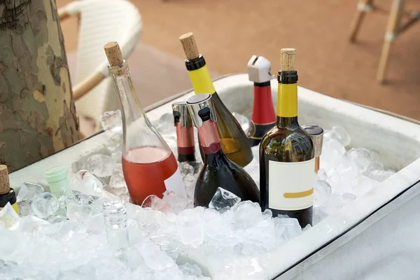 Different Wine Bottles Set Ice Bucket Summer Terrace Royalty Free Stock Images