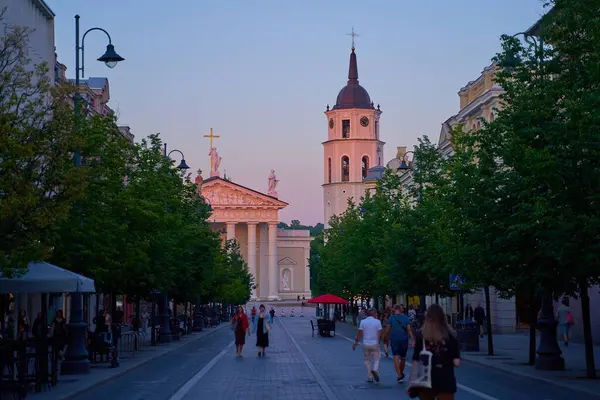 stock image Summer evening in Vilnius, Lithuania. Gediminas Avenue aka Gedimino prospektas, the main street of Vilnius with visible Cathedral Basilica of St Stanislaus and St Ladislaus of Vilnius on background