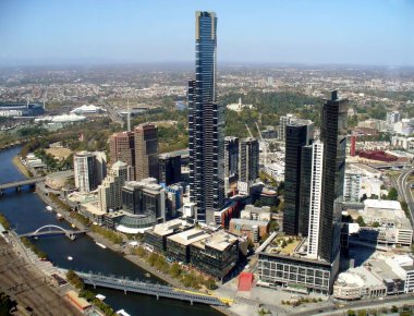 Melbourne ve Yarra Nehri 'nin şehir manzarası. Victoria, Avustralya