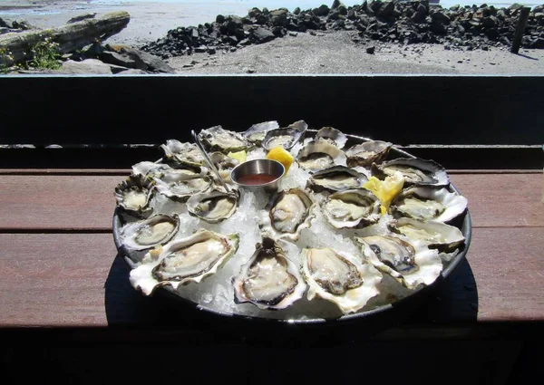 Ein Set Von Zwei Dutzend Frisch Geöffneten Austern Auf Der — Stockfoto