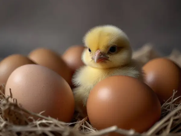 A small chicken chick sits in a nest surrounded by eggs. Generative AI