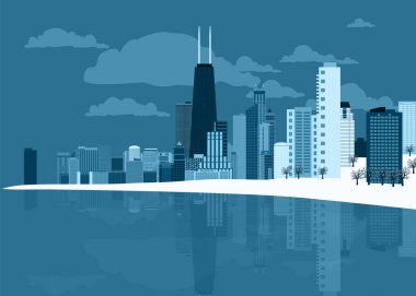 Chicago şehir mimarisi silueti. Modern şehir merkezi. ABD 'nin kış panoraması. Gökdelenler, Michigan Gölü, Willis Kulesi, park. Şehir manzarası. Vektör illüstrasyonu EPS10.