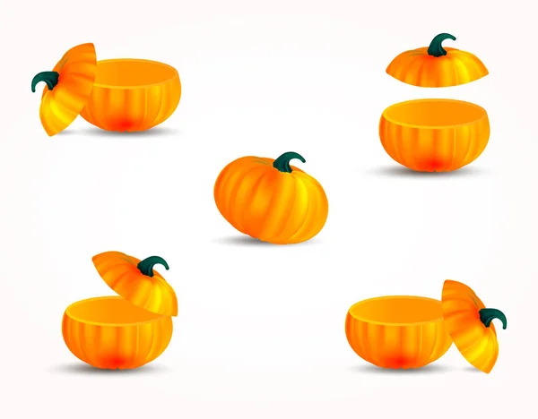 Set Von Geschnittenen Realistischen Orangefarbenen Kürbissen Isoliert Auf Weißem Hintergrund — Stockvektor