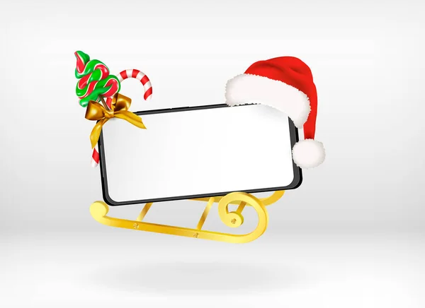 Merry Christmas Smartphone Mockup Horizontal Orientation Santa Claus Hat Candy — Stock Vector