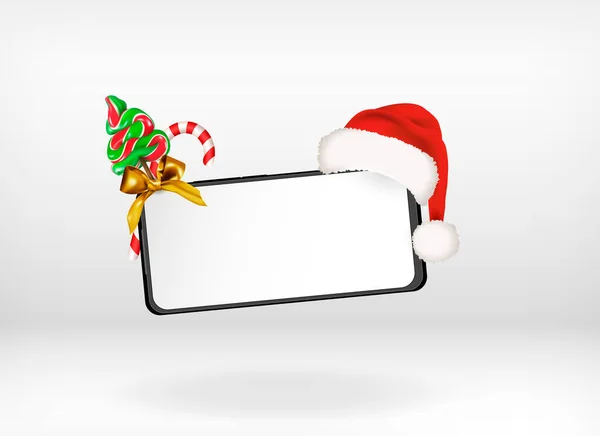 Frohe Weihnachten Smartphone Attrappe Horizontaler Ausrichtung Mit Weihnachtsmann Hut Süßigkeitenbaum — Stockvektor