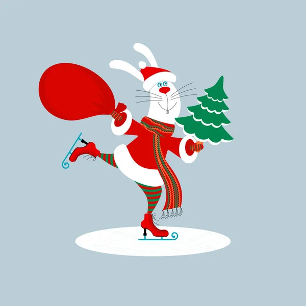 Divertido Conejito Sonriente Conejo Con Ropa Santa Claus Sosteniendo Una — Archivo Imágenes Vectoriales
