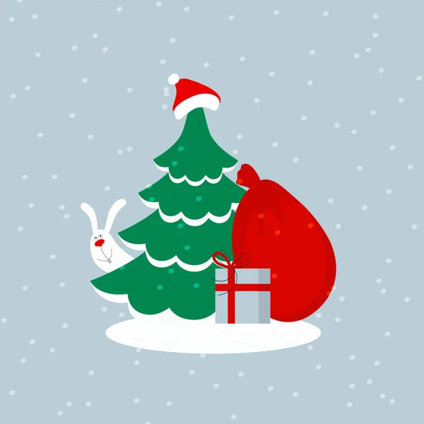Ein Grüner Weihnachtsbaum Mit Weihnachtsmann Hut Roter Tasche Geschenkbox Und — Stockvektor