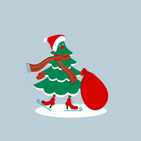 클라우스 모자를 스카프를 고양이와 선물이든 커다란 가방을 스케이트를 크리스마스 트리가 — 스톡 벡터