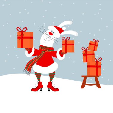 Sevimli, mutlu, gülümseyen beyaz tavşancık ya da Noel Baba kıyafetleri giyen, kar yağarken hediye kutuları taşıyan tavşan. Düzenlenebilir düz biçim vektör çizimi.