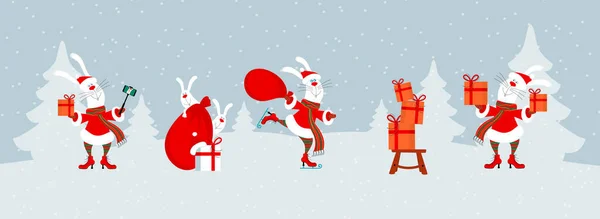 Set Estandarte Conejitos Dibujos Animados Conejos Con Ropa Santa Claus — Archivo Imágenes Vectoriales
