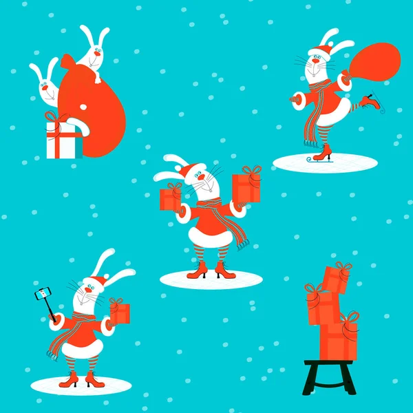 Set of cute cartoon bunnies or rabbits wearing santa claus clothes holding red christmas gift bag and box, skating, making selfie under snowing on gray background.