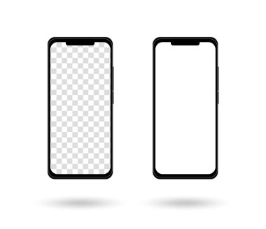 Two realistic smartphone mockups. Cellphone frame with transparent and white blank displays isolated templates, front views. Vector mobile device concept. clipart