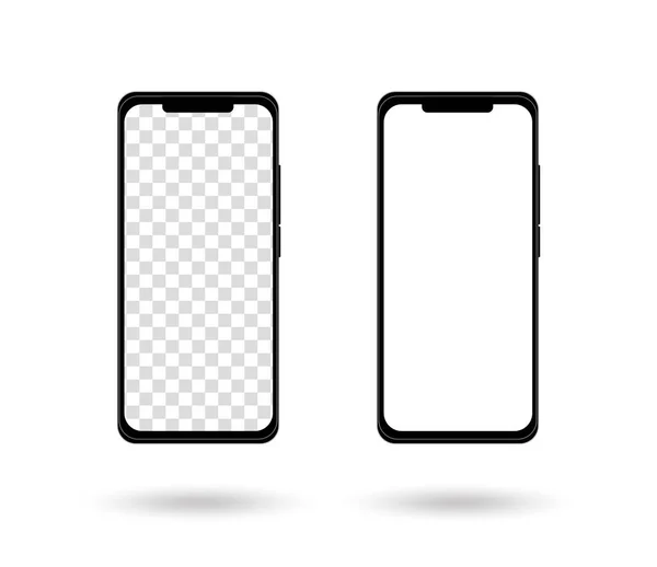 Two Realistic Smartphone Mockups Cellphone Frame Transparent White Blank Displays — Stock Vector