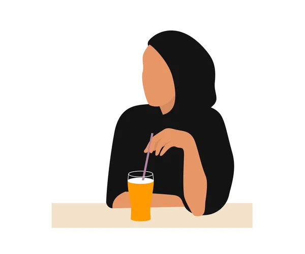 Muslim Arab Woman Sitting Drinking Orange Juice — Stock Vector