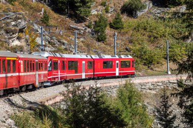 bernina express mountain railway train approaching tunnel near cavaglia