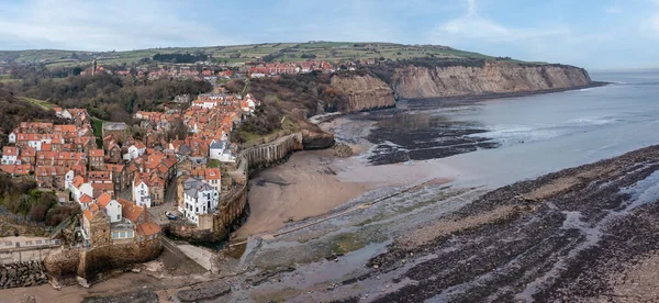 Robin Hoods Bay Whitby North Yorkshire Elevated Panoramic View Sunny — Stock Photo, Image