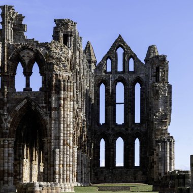 Whitby Manastırı Kuzey Yorkshire. Güneşli bir günde gökyüzü karesi formatında doğu penceresinin yıkıntılarına bakıyor.