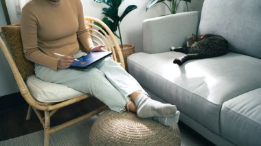 E learning Student girl online VDO Call Conference Work from home with cat remote work talk chat online on laptop webcam conference working with tablet social distancing concept.