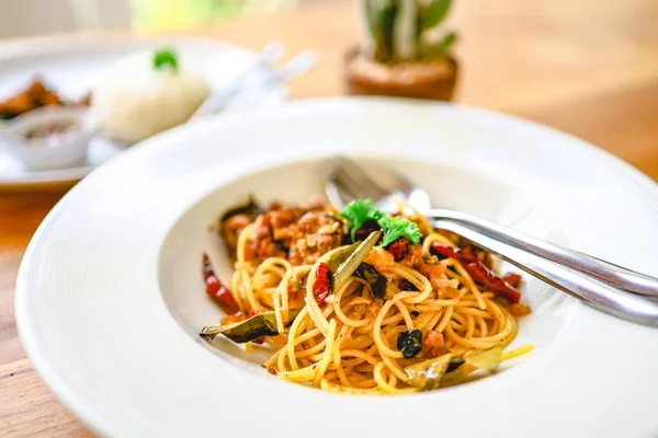 Delicious spaghetti food in restaurant. Fusion Food Tasty spaghetti pasta