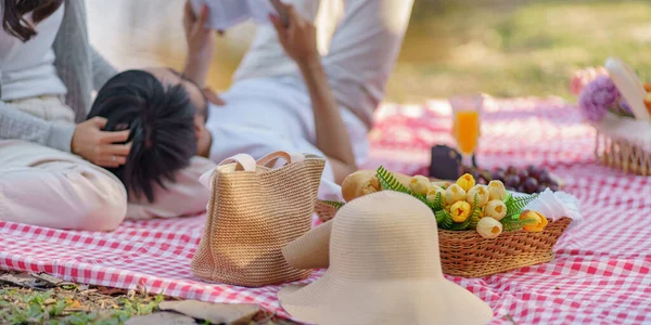 Happy Romantic Asian Couple Lying Park Picnic Time Summer Holidays — Stock Photo, Image