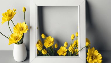 Bahar çiçekleriyle dekore edilmiş resim çerçevesinin modeli beyaz arkaplandaki metin için temiz alan