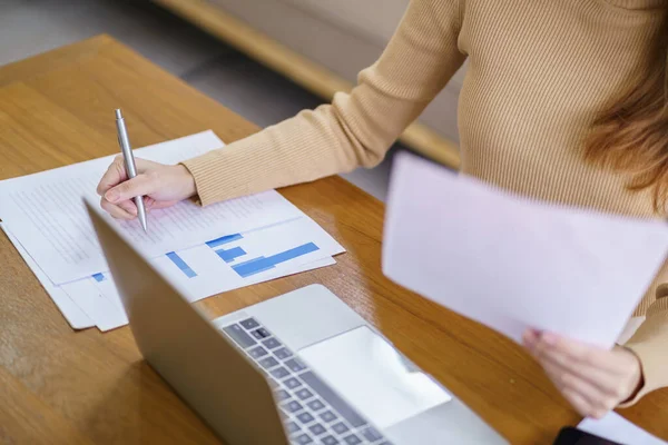 stock image Happy beautiful Asian Woman. Business woman working from home with laptop Financial Home work space concept