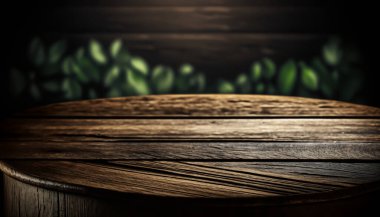 Boşluk için hazırlan Seçici odaklanma için soyut bulanık bokeh arkaplanının önündeki boş koyu ahşap tablo.