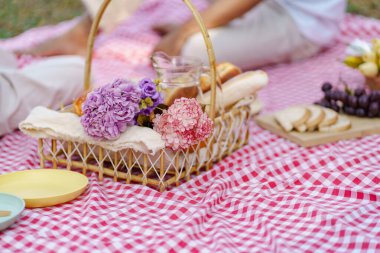 Picnic Lunch Meal Outdoors Park with food picnic basket. enjoying picnic time in park nature outdoors