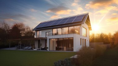 Güneş panelleri ve gündoğumu güneş enerjisi sistemi günbatımına sahip aile evi