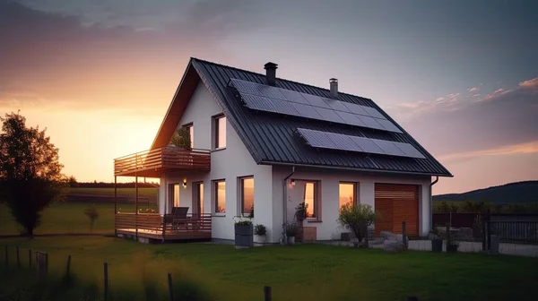 Family house with solar panels and sunrise solar energy system Sunset