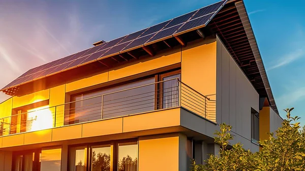 Family house with solar panels and sunrise solar energy system Sunset