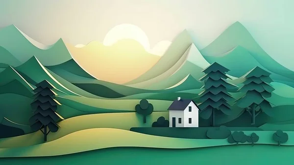 3d paper cut forest landscape mountain paper cut style natural landscape scene illustration.