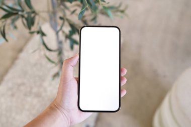 Cep telefonunun boş fotokopi ekranını tutan kadınların elleri. Beyaz ekranlı akıllı telefon izole edildi. Teknoloji konsepti olan akıllı telefon