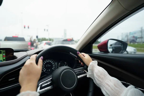 Woman Driving Car Girl Feeling Happy Drive Holding Steering Wheel — Stockfoto