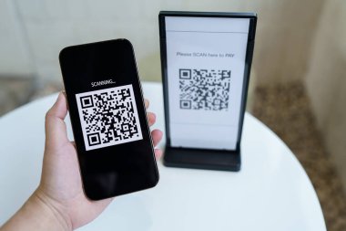 QR kodu ödemesi. Cüzdan. Adam tarama etiketi kabul edildi para olmadan dijital ödeme oluşturun. QR kodu çevrimiçi alışveriş nakit ödeme ve doğrulama teknolojisi konsepti taraması