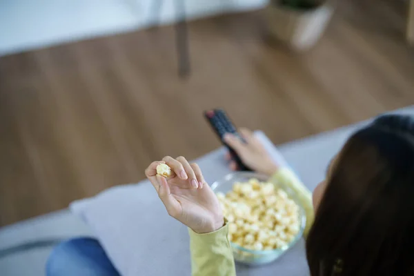 Asian Woman Watching Smart Using Remote Controller Hand Holding Television — Stockfoto