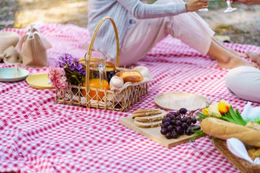 Picnic Lunch Meal Outdoors Park with food picnic basket. enjoying picnic time in park nature outdoors