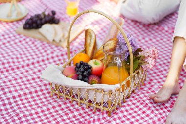 Picnic Lunch Meal Outdoors Park with food picnic basket. enjoying picnic time in park nature outdoors
