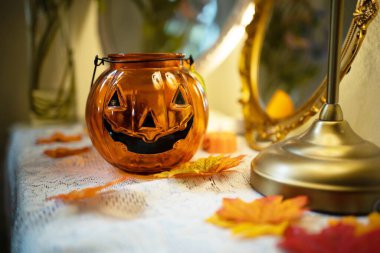 Halloween decorations background. Halloween Scary pumpkin head on wooden table Halloween holiday concept