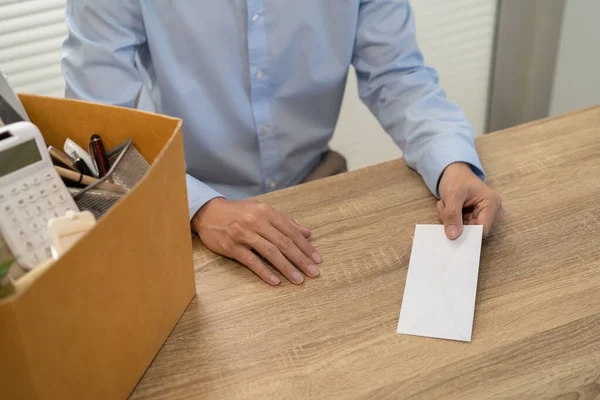 Sending Resignation Letter Boss Holding Stuff Resign Depress Carrying Cardboard — Stock Photo, Image