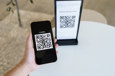 QR kodu ödemesi. Cüzdan. Adam tarama etiketi kabul edildi para olmadan dijital ödeme oluşturun. QR kodu çevrimiçi alışveriş nakit ödeme ve doğrulama teknolojisi konsepti taraması